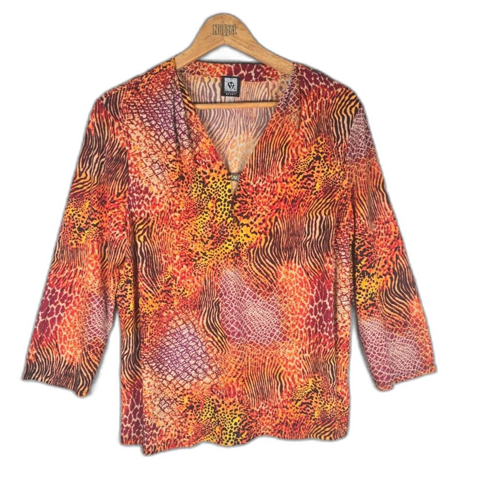 Anne Klein Sport Animal Print V Neck Top XL Multicolor Gold Charm Stretch
